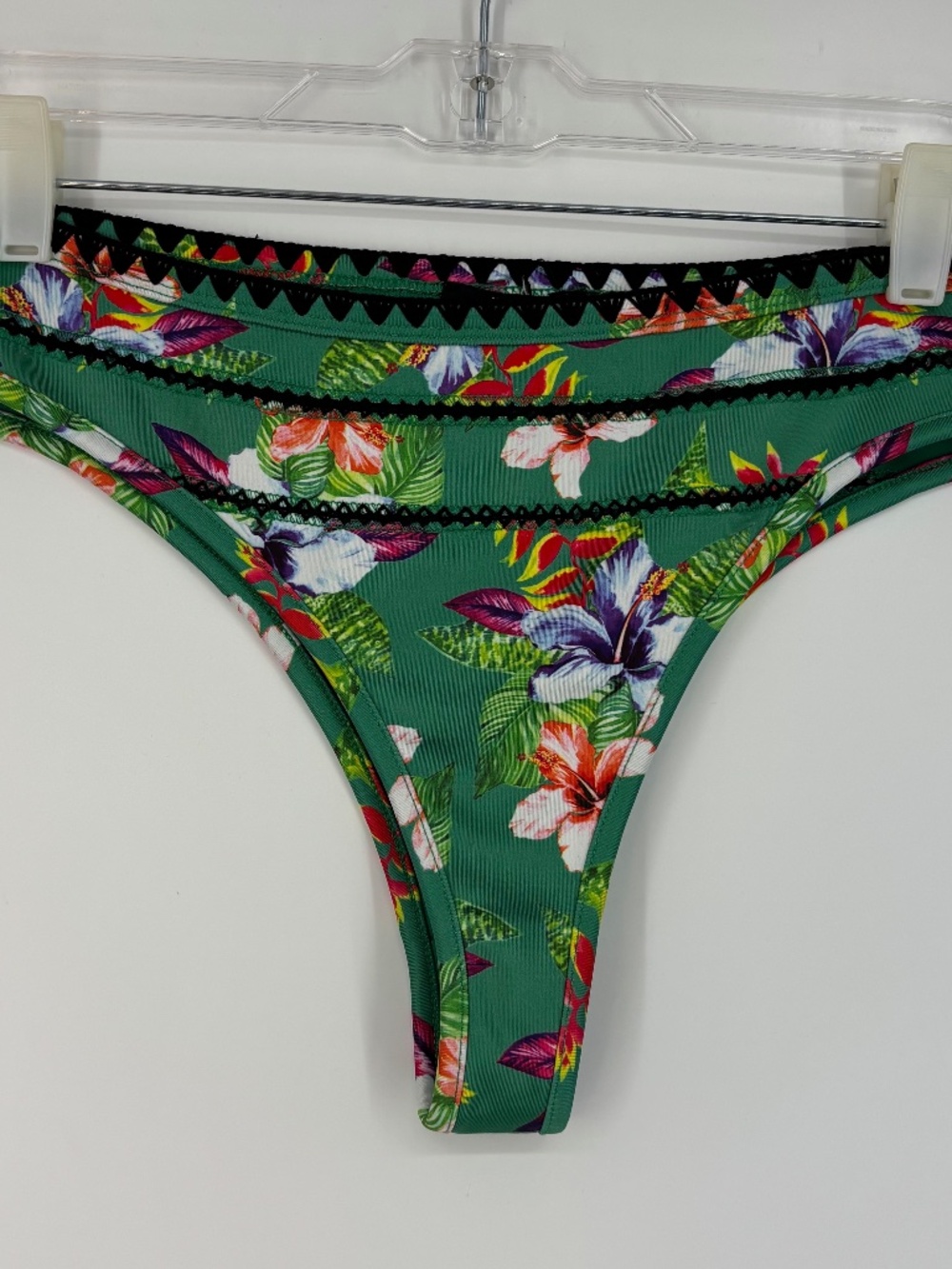 WOW Couture Womens Large Bikini Bottoms Green Tropical Floral High Leg Cheeky